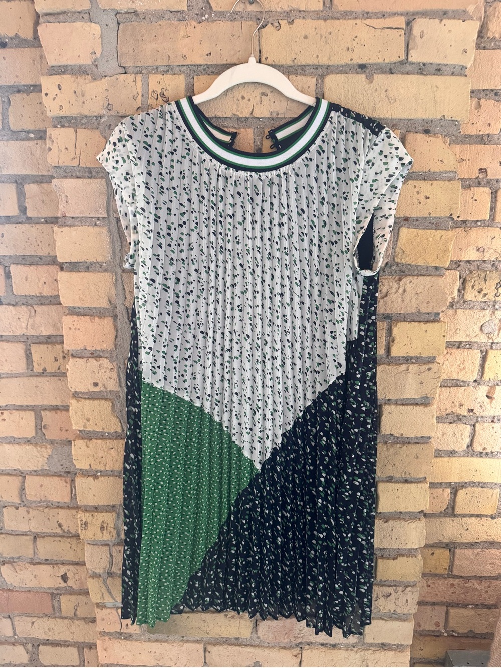 DR2 Green, Black and White Pleated Colorblock Midi Dress